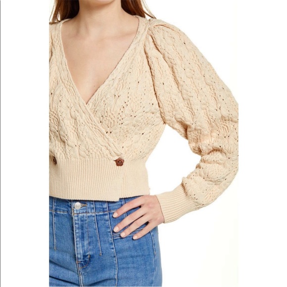 Free People Olive You Surplice V-Neck Texture Cable Wrap Cardigan In Macadamia - Picture 5 of 13